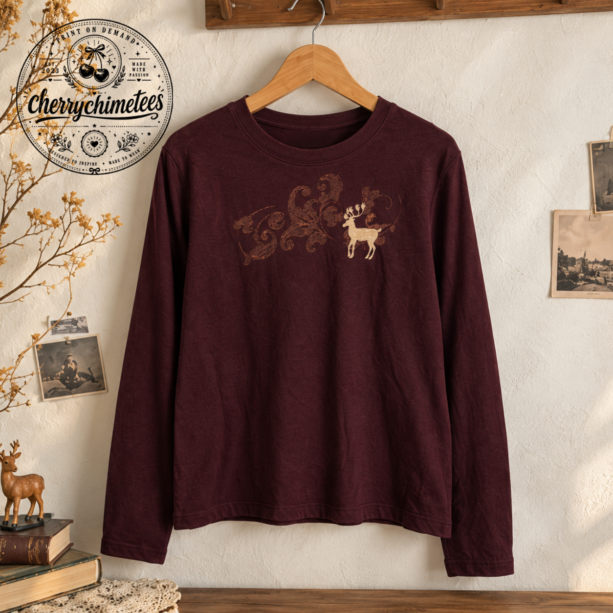 Vintage Deer Embroidery Burgundy Long Sleeve Tee