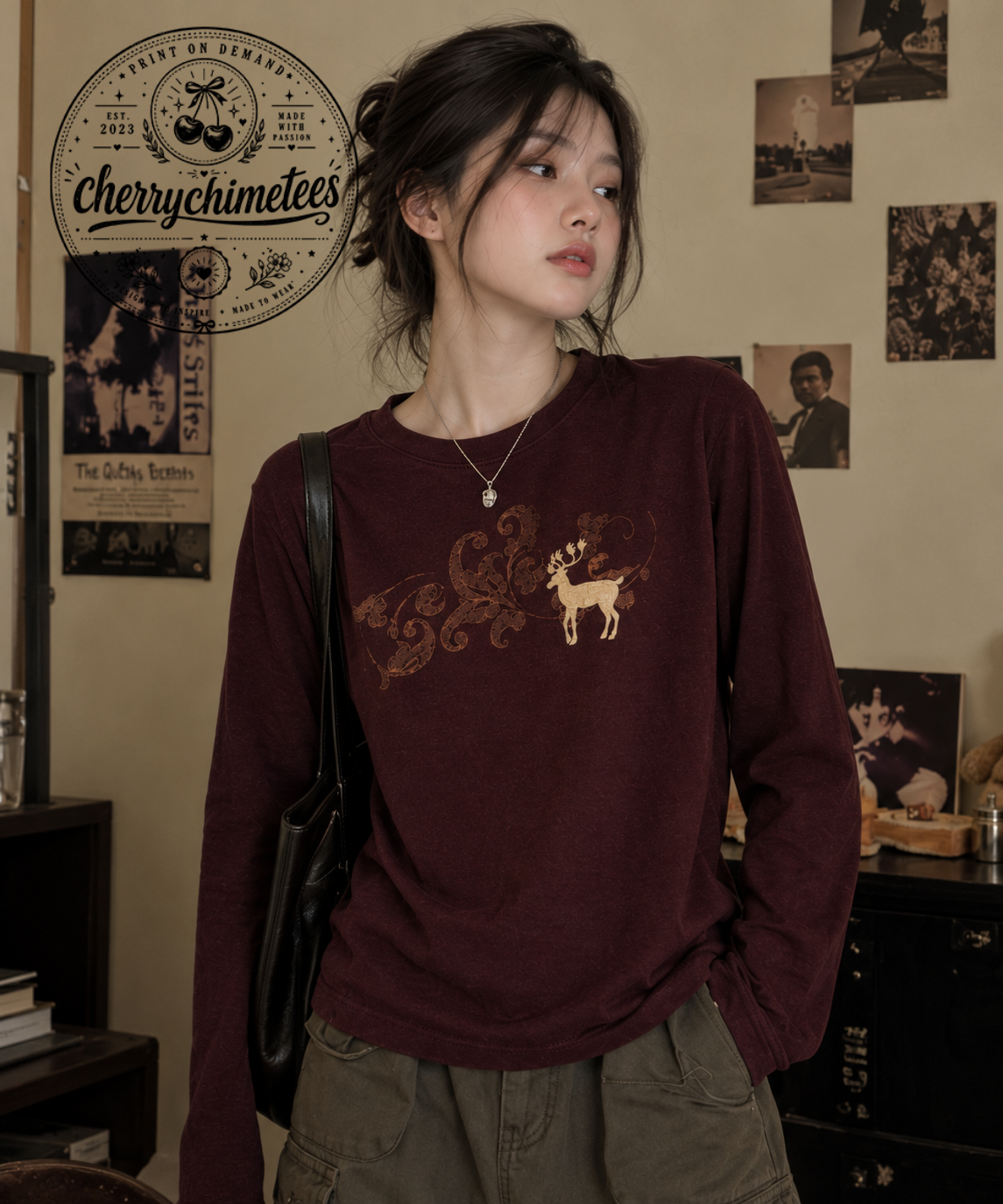 Thiết kế chưa có tên (13) Vintage Deer Embroidery Burgundy Long Sleeve Tee