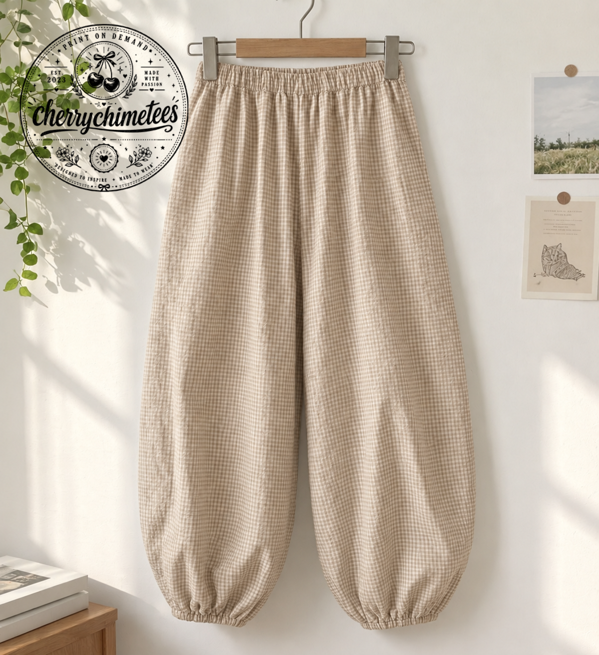 Beige Gingham Balloon Pants