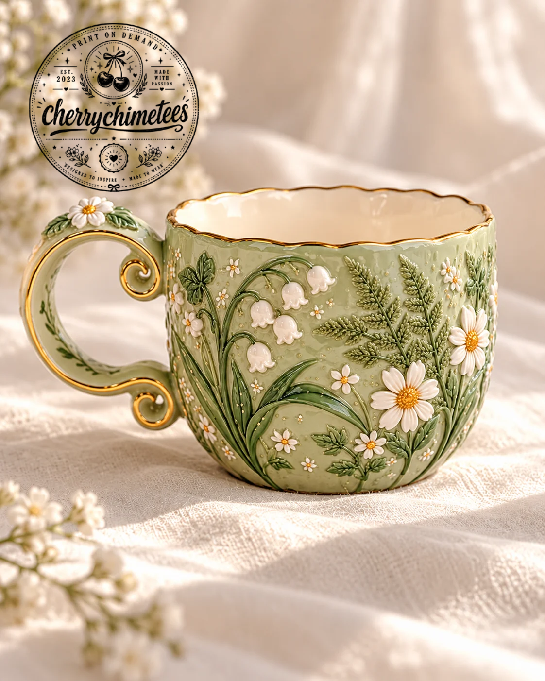 cup (1) Sage Green Floral Embossed Tea Cup