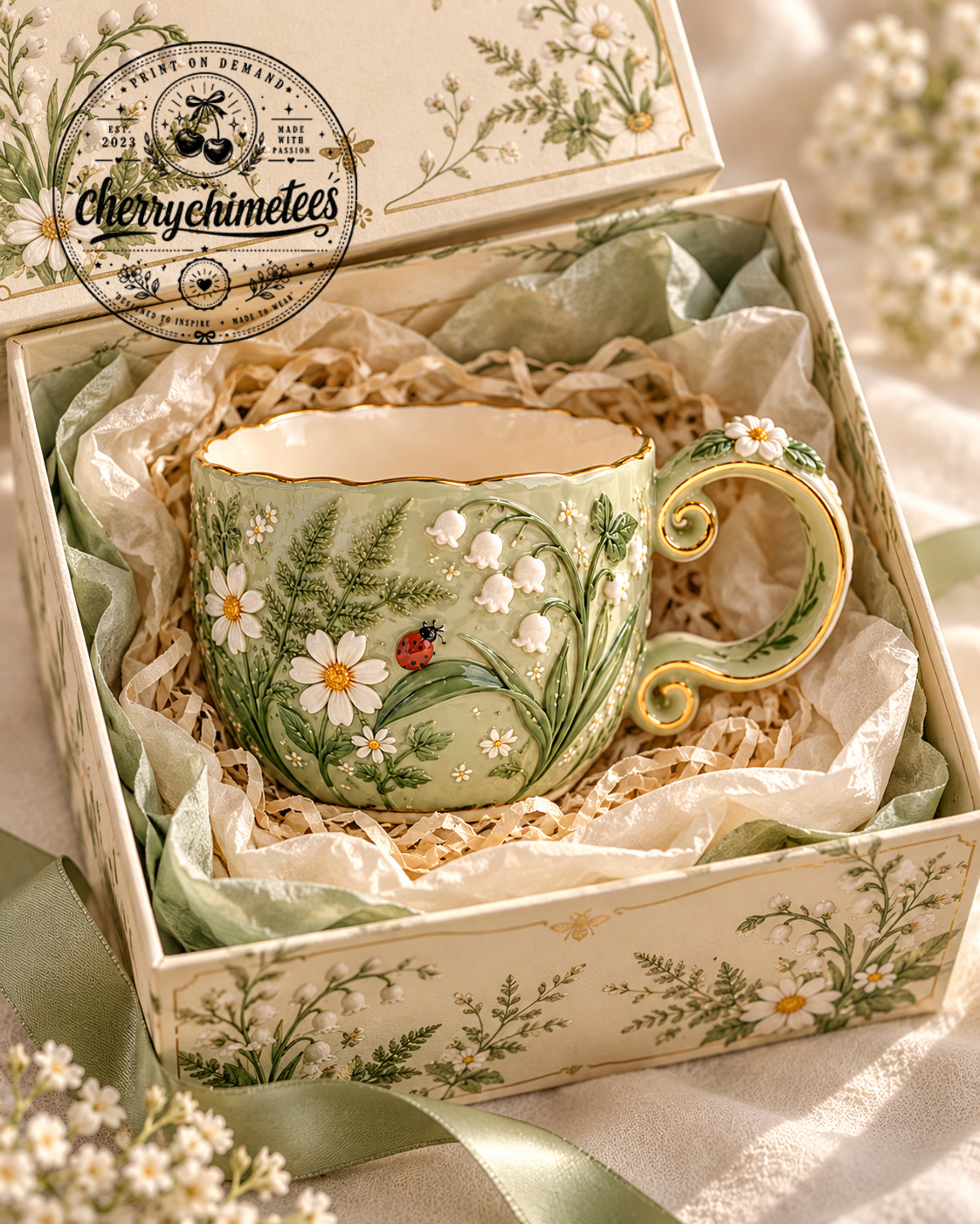 cup (2) Sage Green Floral Embossed Tea Cup