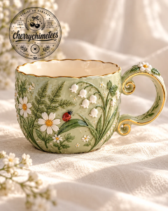 Sage Green Floral Embossed Tea Cup 4 Sage Green Floral Embossed Tea Cup