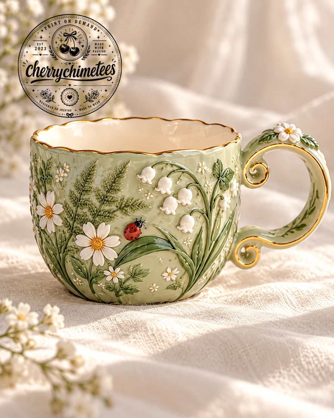 Sage Green Floral Embossed Tea Cup