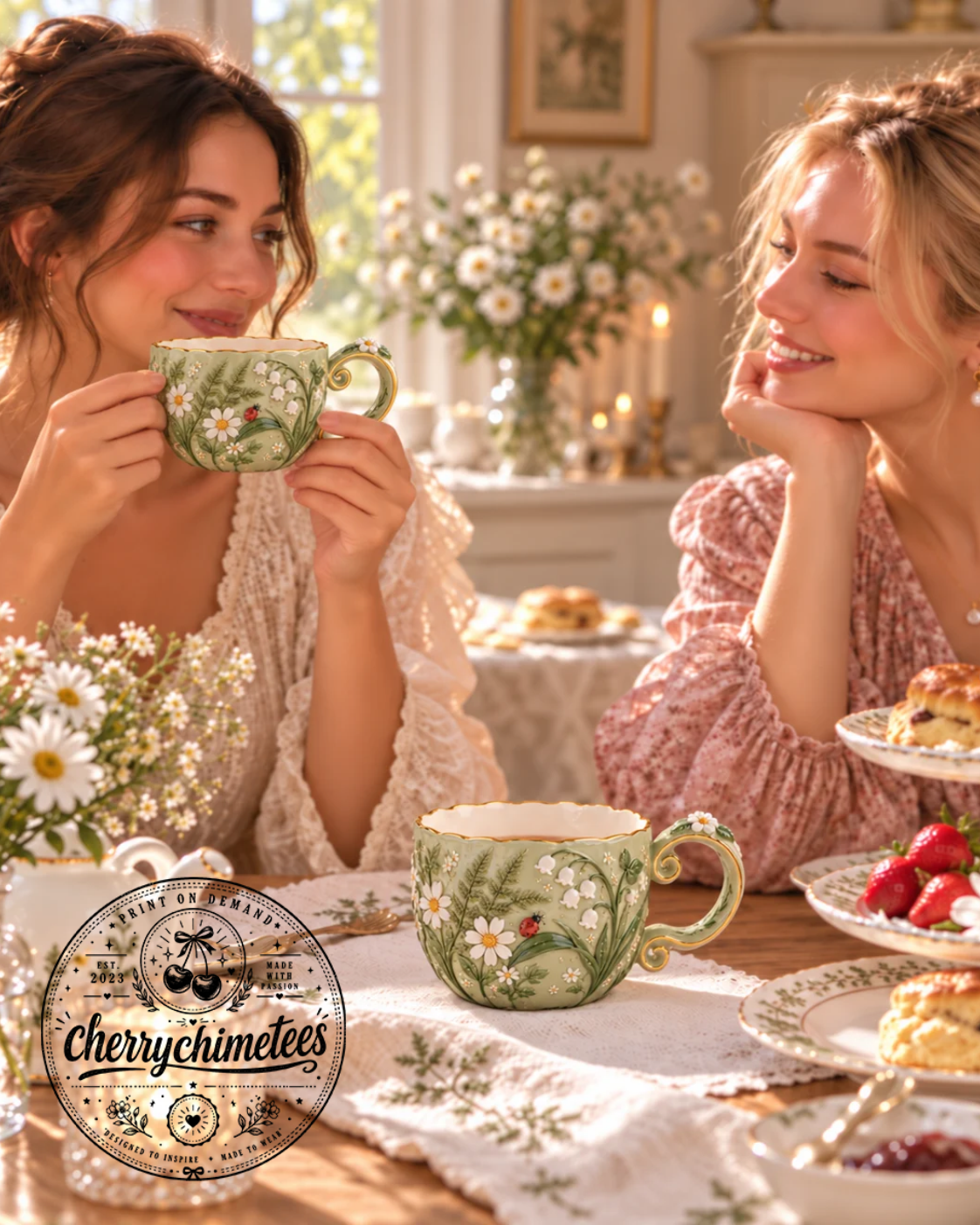 cup (4) Sage Green Floral Embossed Tea Cup